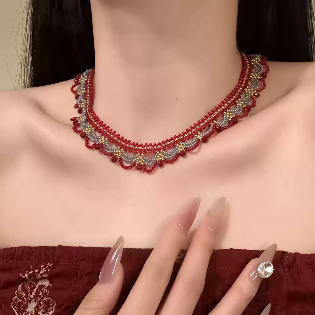 Handwoven Royal Red Blue Lace Choker Vintage Statement Necklace