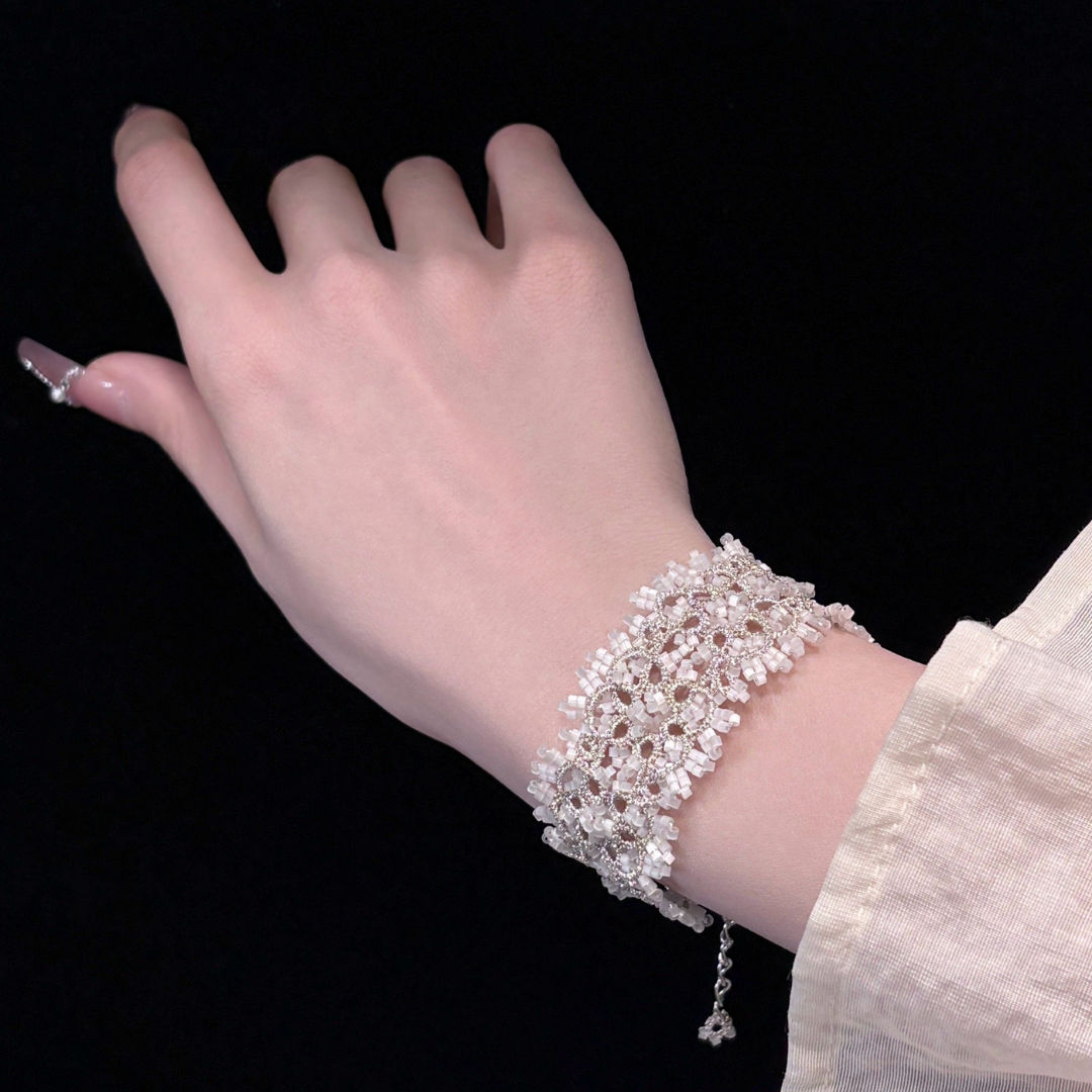 White Moonstone Lace Beaded Handwoven Frivolite Bracelet