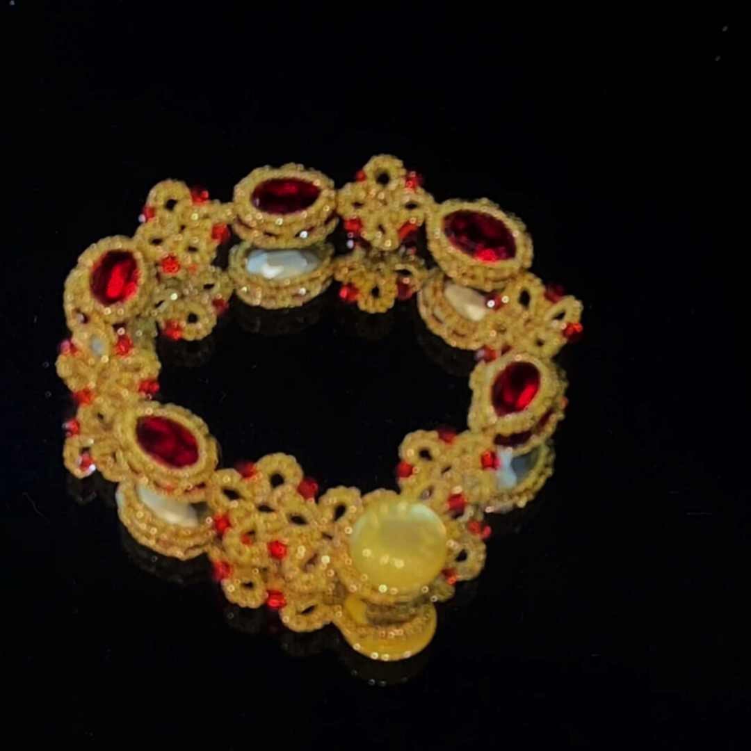 Handwoven French Ruby Beaded Lace Floral Frivolite Bracelet
