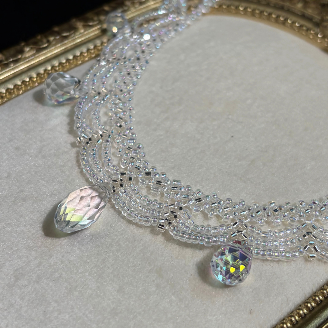 Handwoven Crystal Teardrop Pendant Iridescent Beaded Lace Statement Necklace / Bracelet