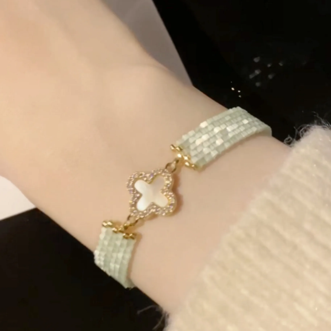 Handwoven Japanese Vintage Green Beaded Clover Bracelet