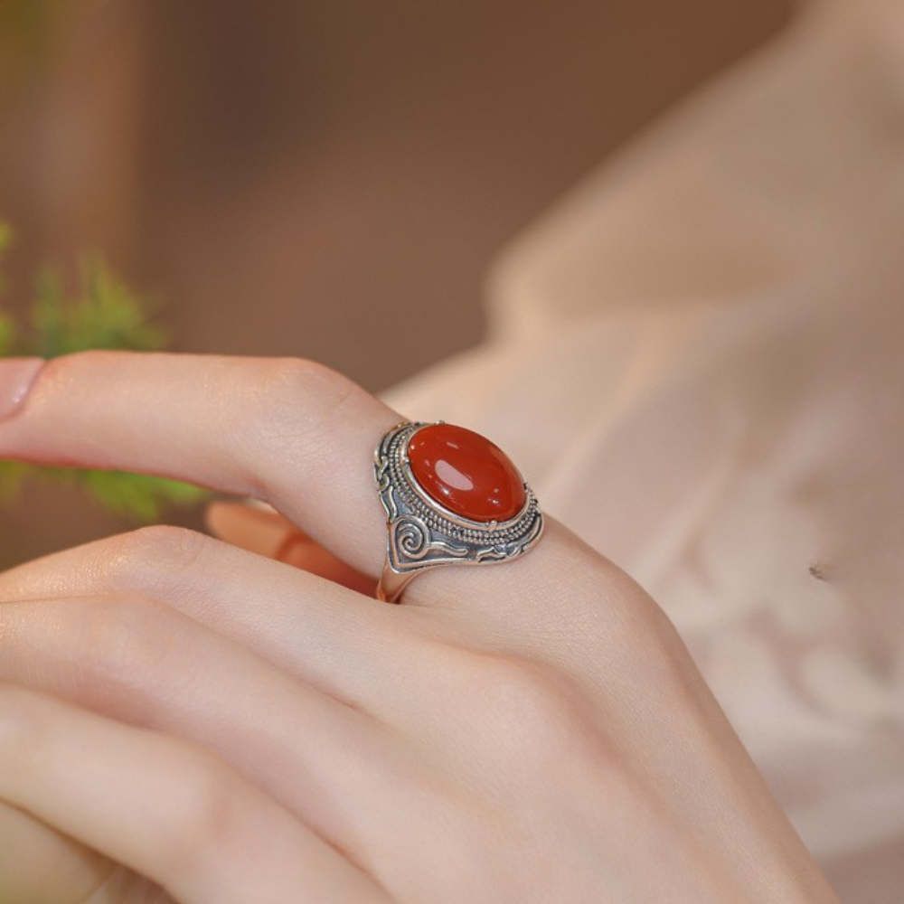 Red Agate Silver Cloud Healing Ring