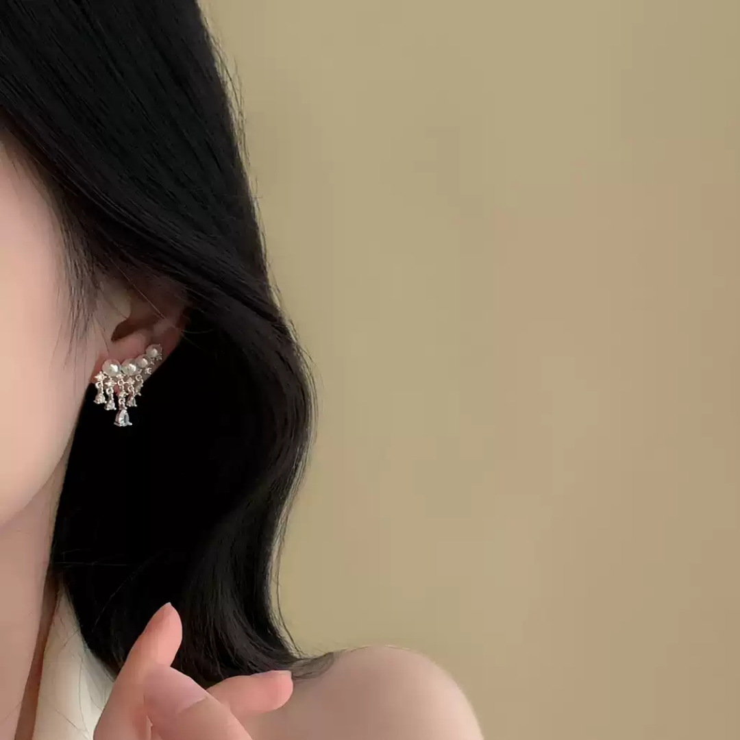 Pearl Tassel Ear Cuff Earrings Cubic Zirconia Drop Earrings