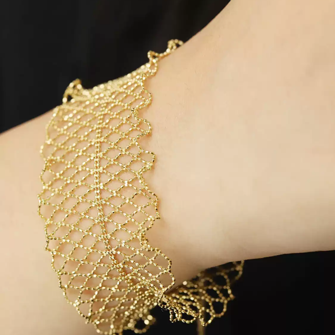 Handwoven Gold Lace Cuff Bracelet Adjustable Filigree Statement Bracelet