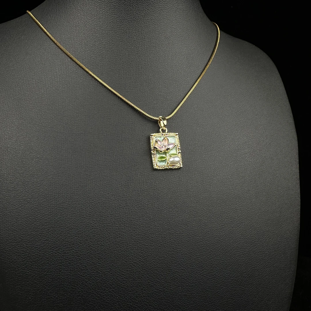 French Enamel Floral Titanium Steel Pendant Necklace