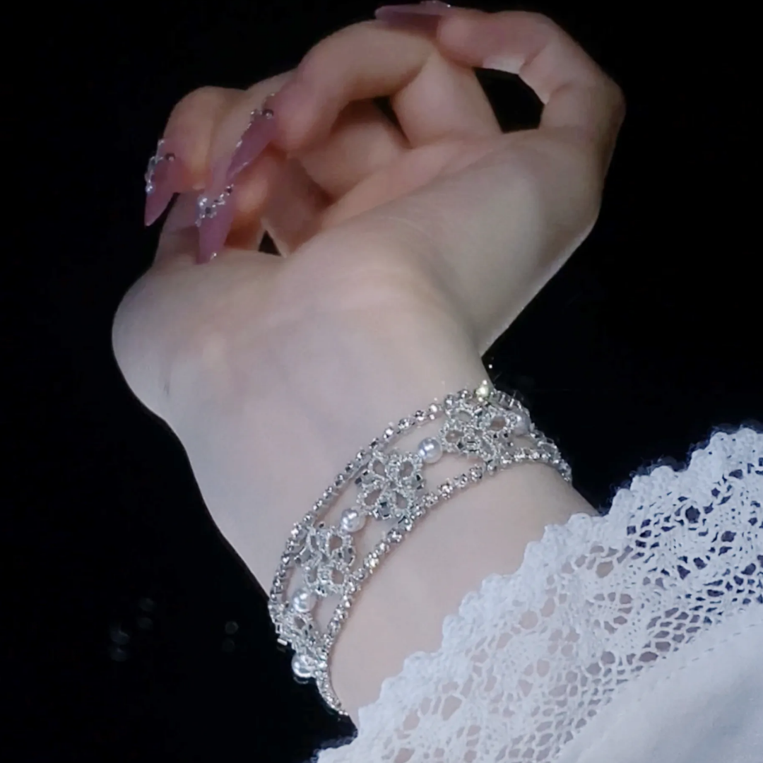 Hand Woven French Lace Pearl Crystal Beaded Floral Bracelet