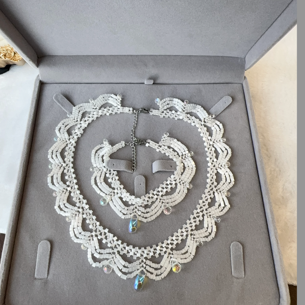 Handwoven White Opal Crystal Beaded Lace Necklace / Bracelet