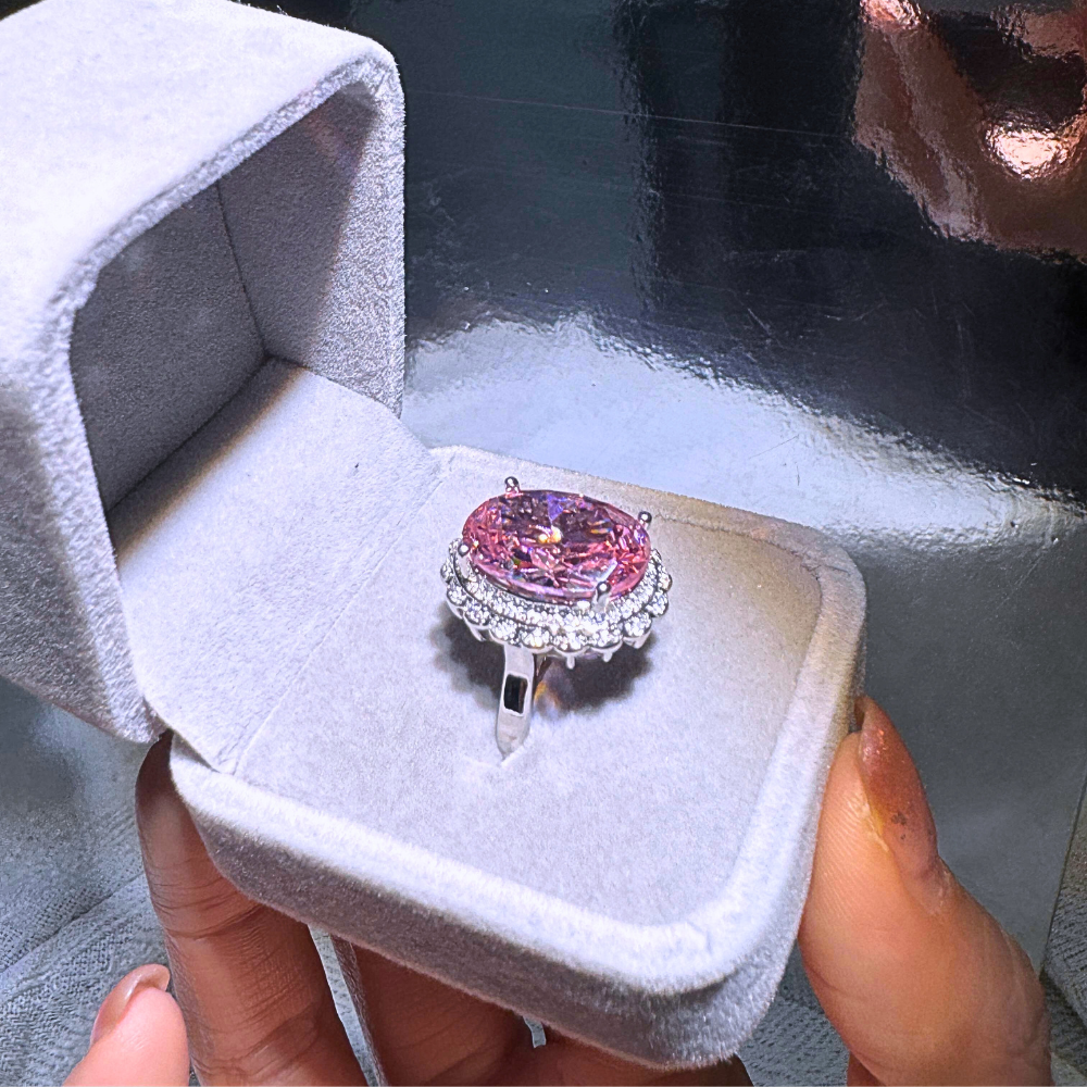 Pink Oval Halo Adjustable Plated Ring