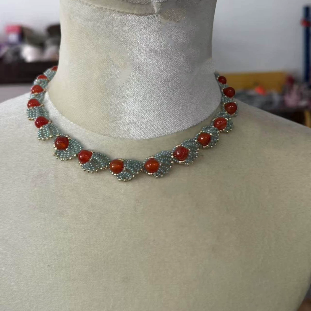 Handwoven Red Agate Lace Vintage Multi Layer Statement Necklace / Bracelet
