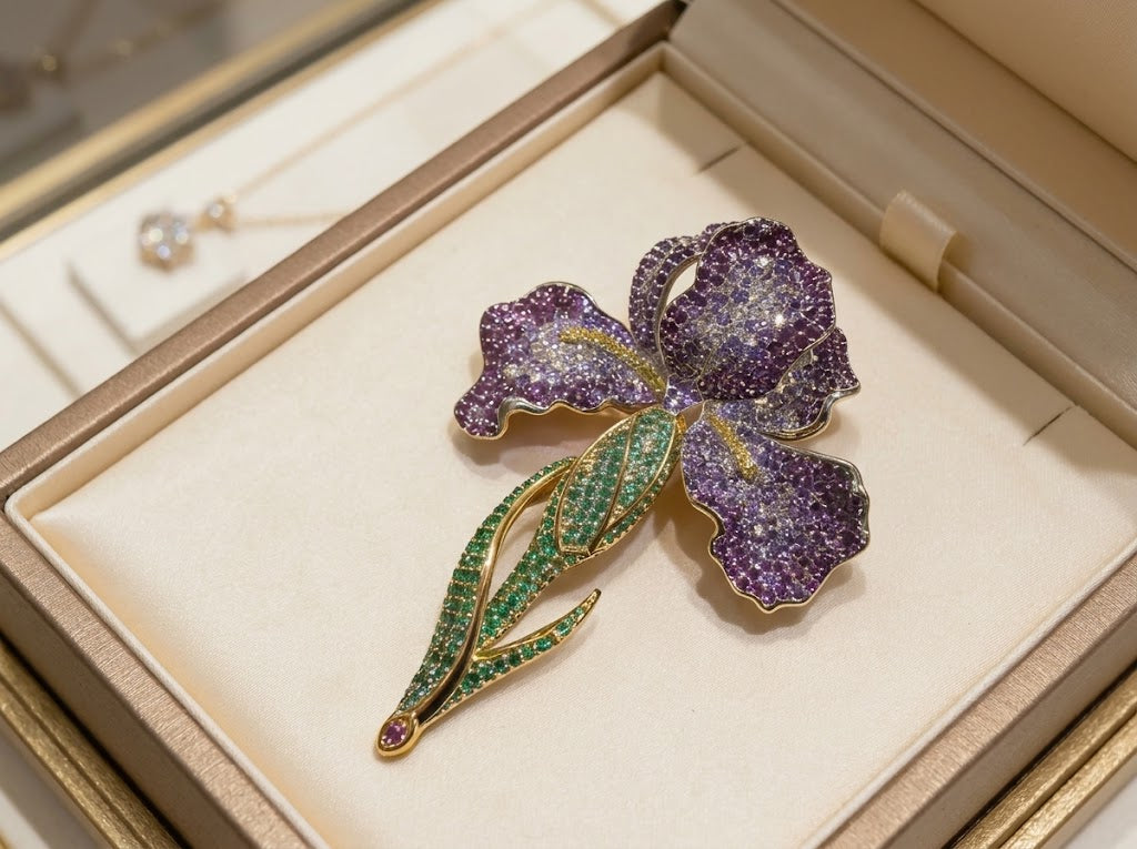 Luxurious French Gradient Purple Iris Flower Brooch Pin & Matching Bracelet Jewelry Gift for Womenv