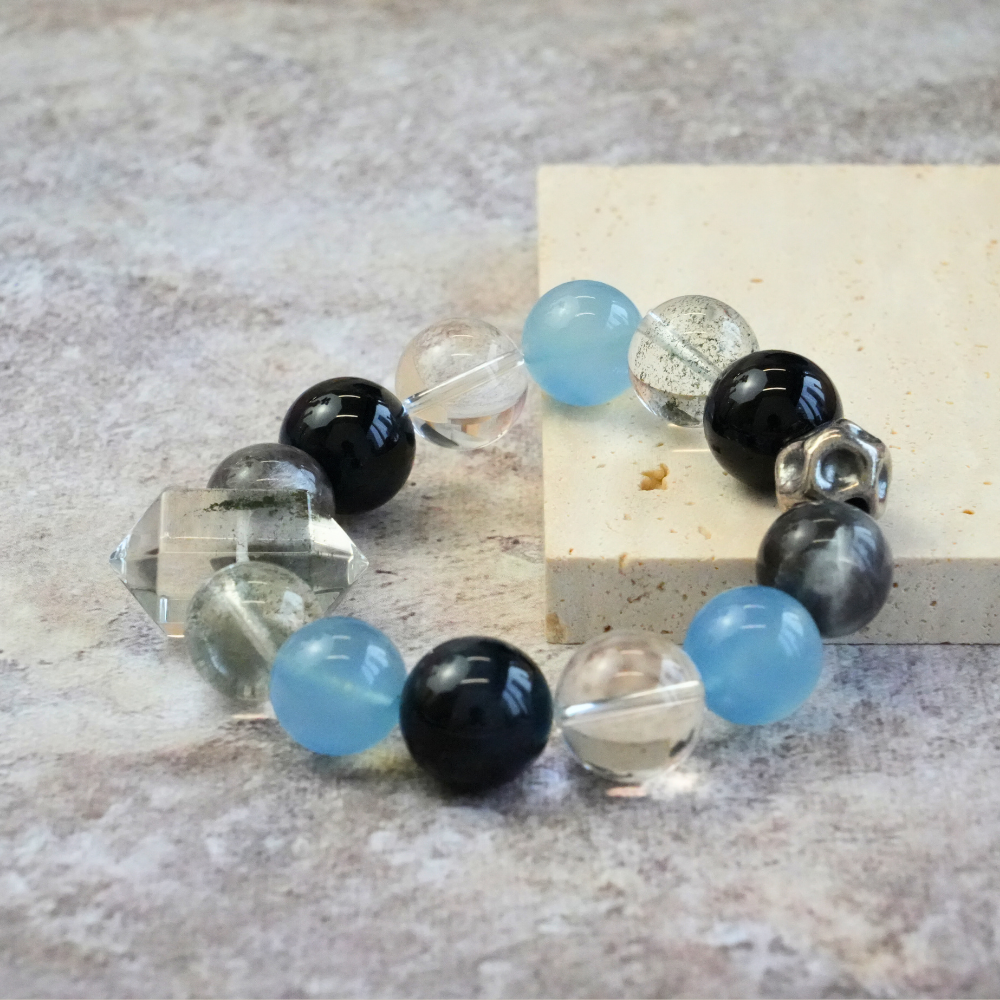 Black Obsidian Aquamarine Clear Quartz Energy Protection Calming Balance Bracelet