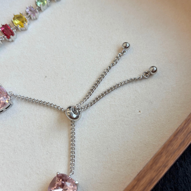 Rainbow Cubic Zirconia S925 Sterling Silver Tennis Bracelet Adjustable Dainty Colorful Jewelry