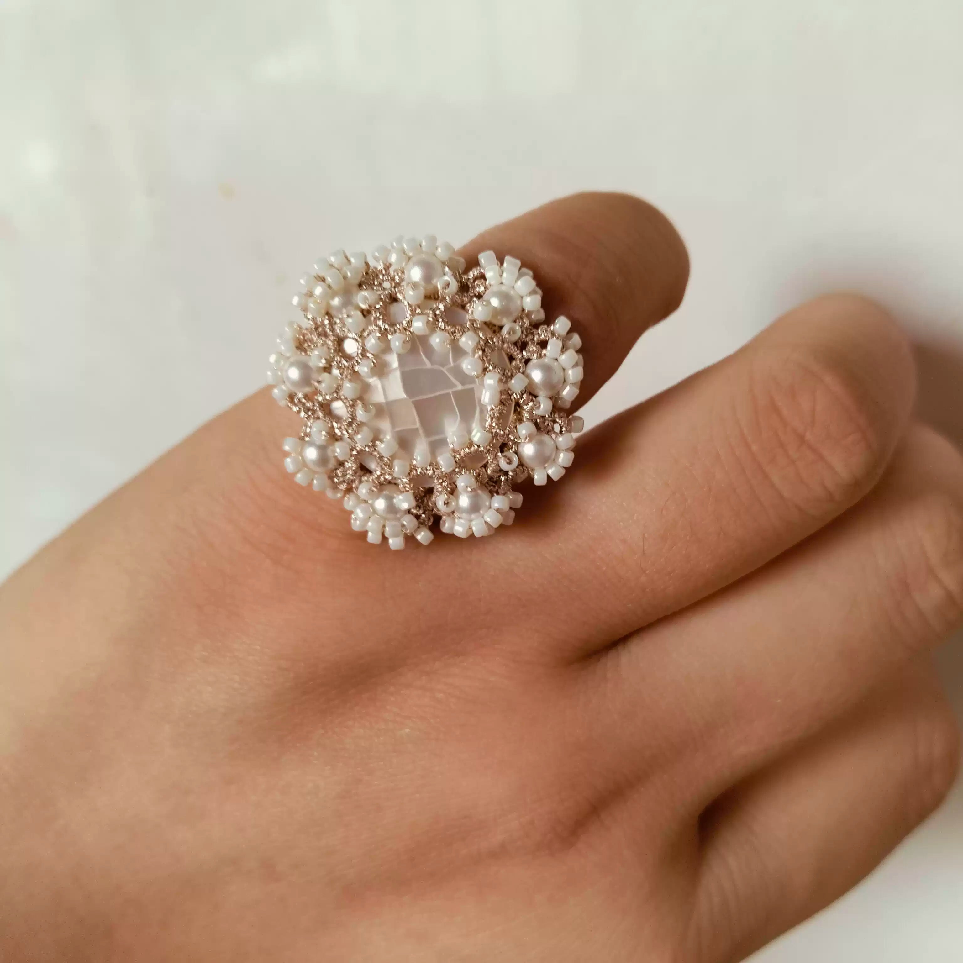 Handmade Lace Beaded Design with Pearl Cluster Centerpiece Ring