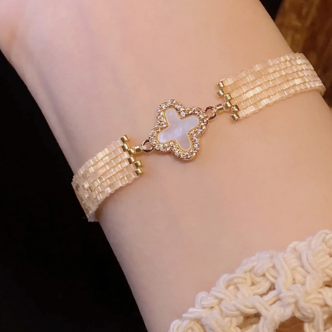 Handwoven Japanese Vintage Beaded Clover Moonlight Bracelet