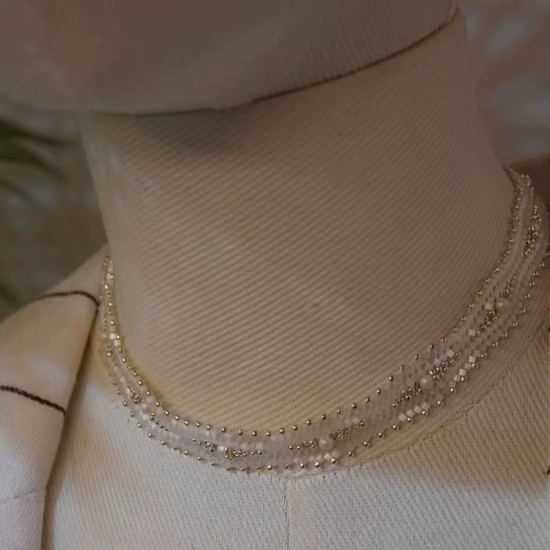 Vintage Glass Pearl Layered  Elegant Beaded Collar Necklace