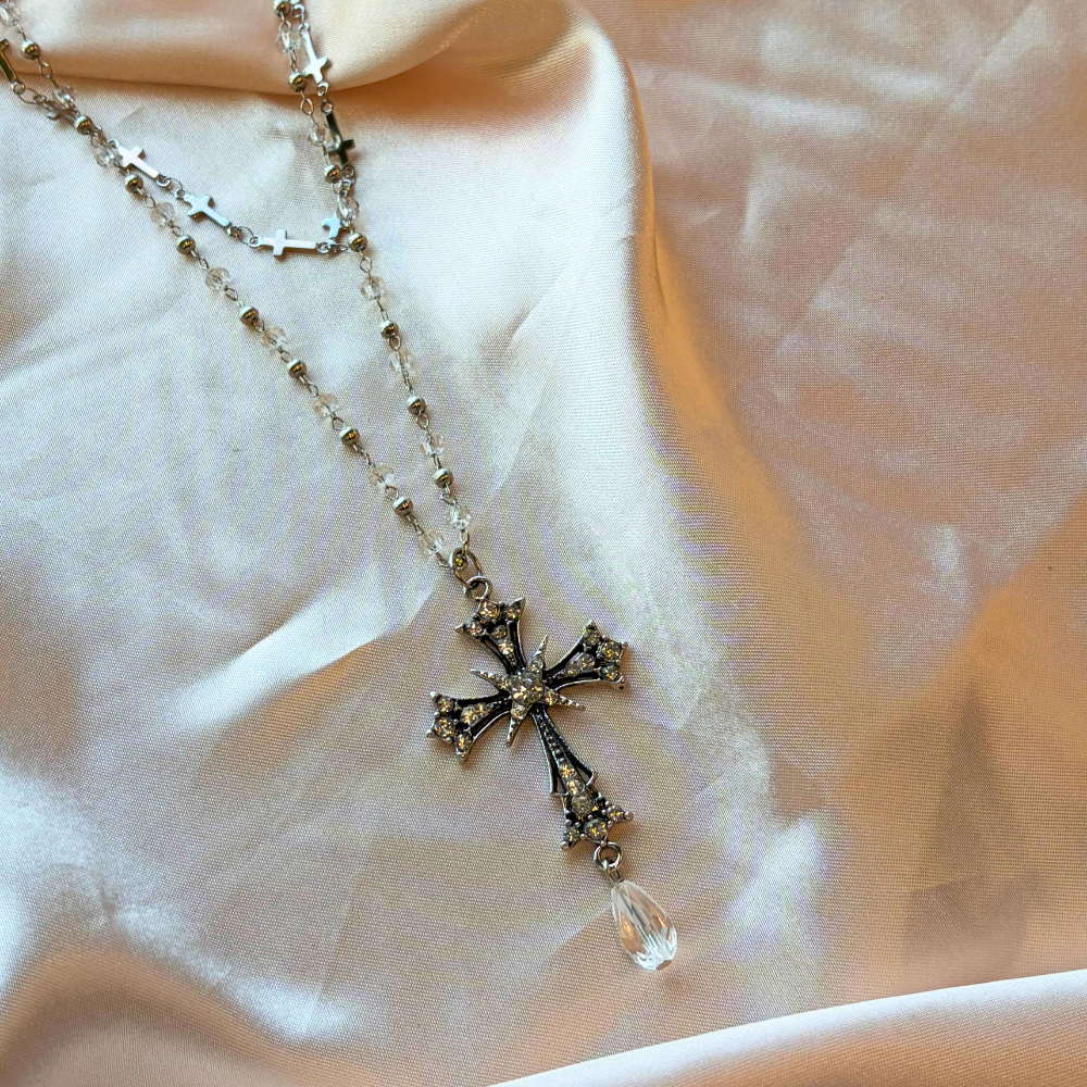 Layered Metal Cross Pendant Vintage Style Necklace
