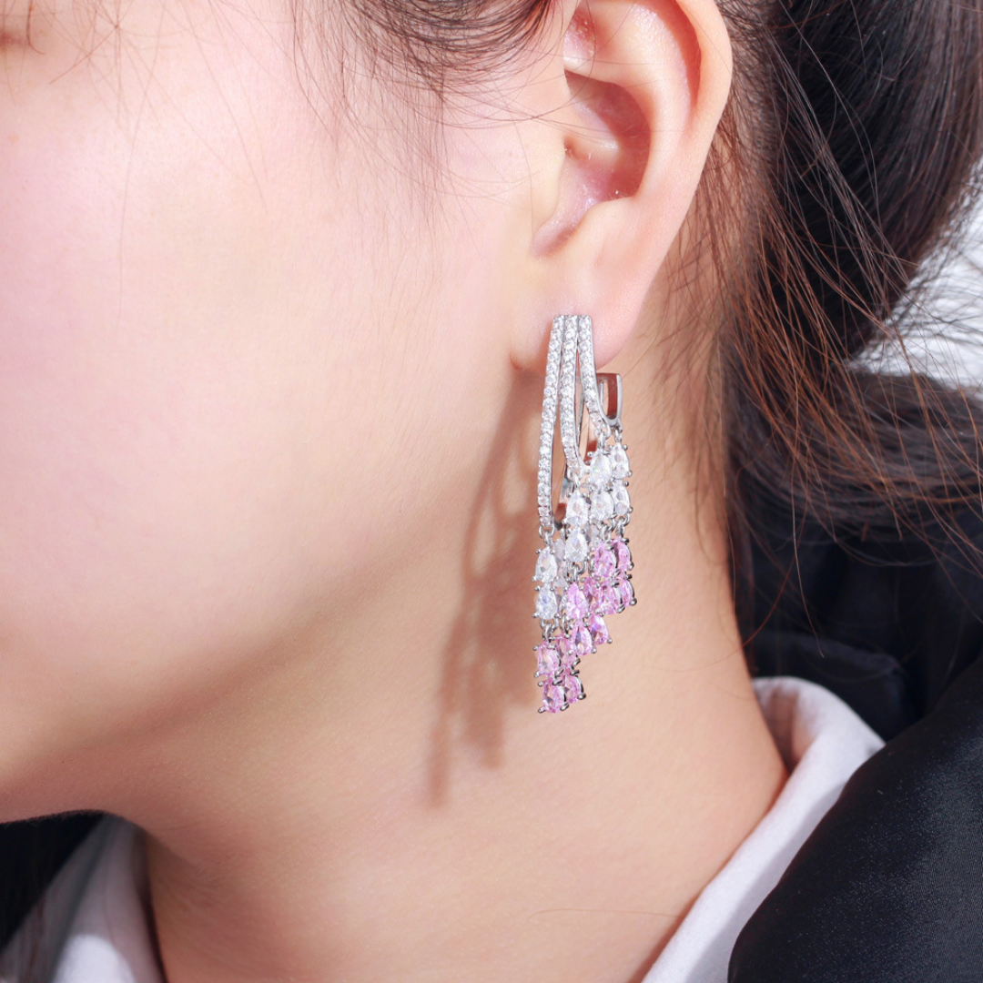 Luxury Pink Zircon Tassel Drop Lab Crystal Statement Earrings