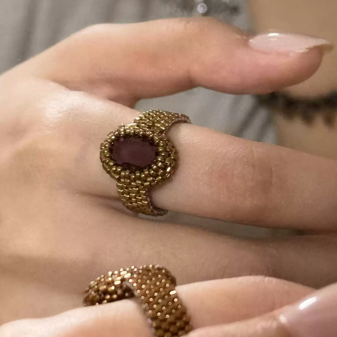 Handwoven Beaded Red Crystal Statement Ring Vintage Adjustable Ring