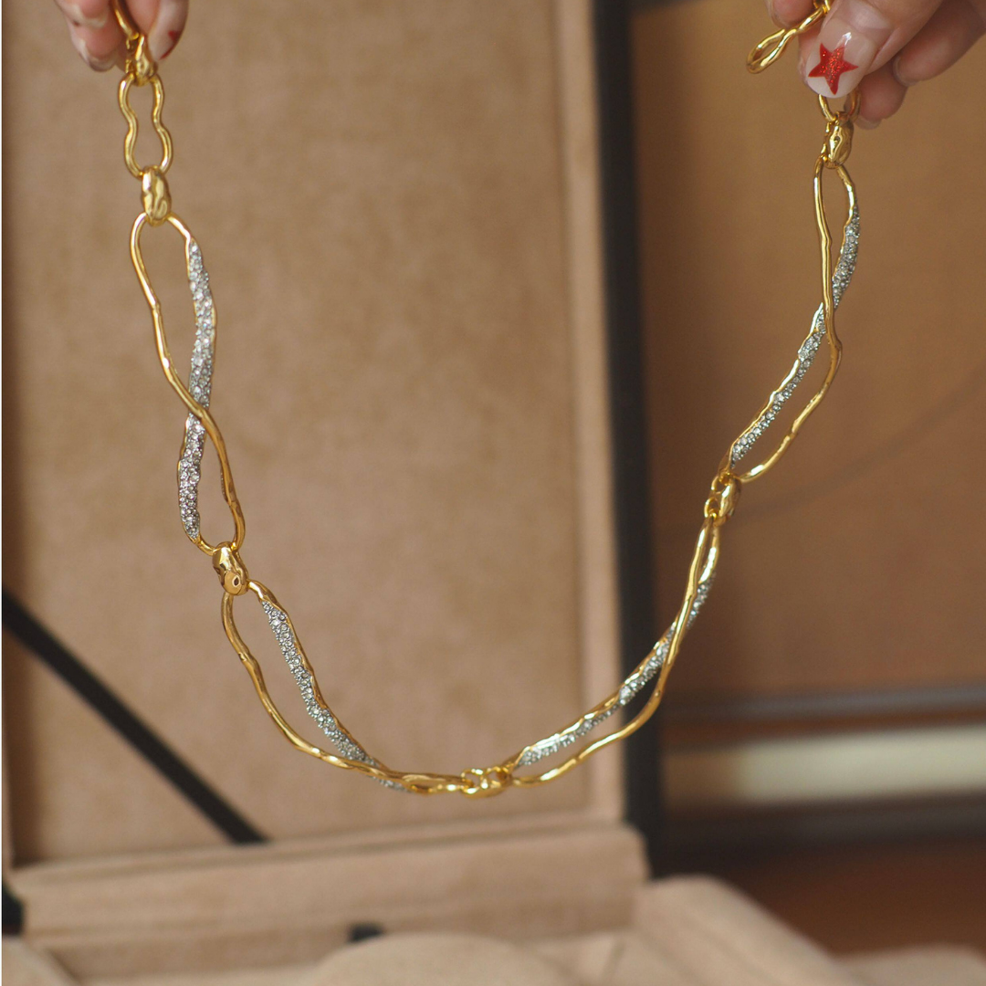 Gold Silver Chain Link Cubic Zirconia Statement Modern Necklace