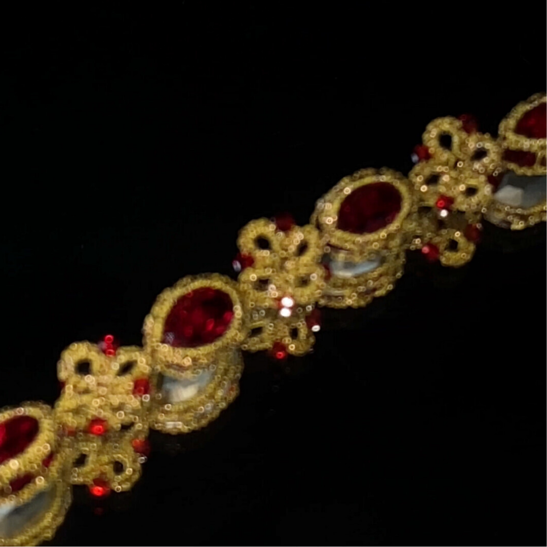 Handwoven French Ruby Beaded Lace Floral Frivolite Bracelet