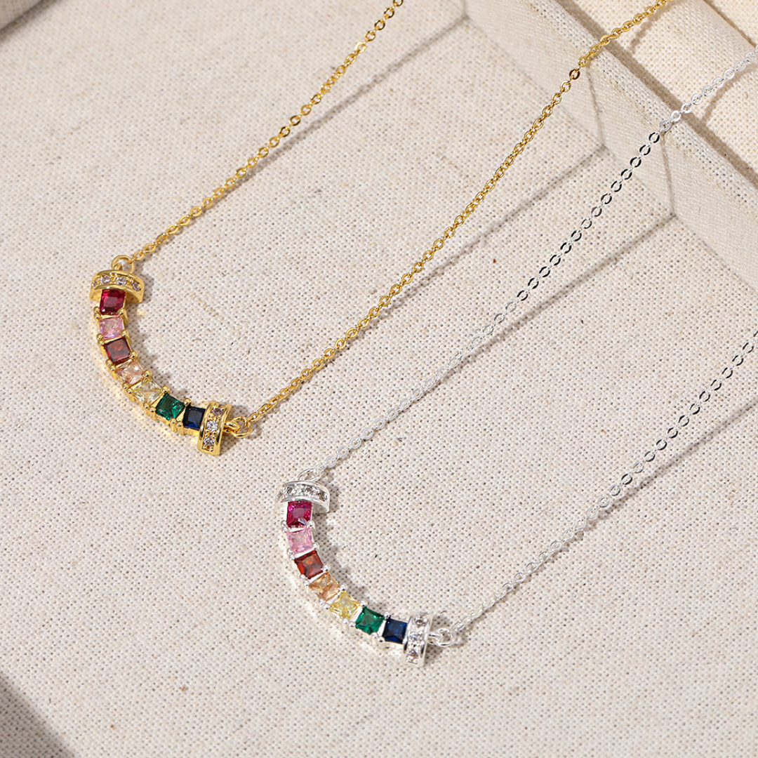 Rainbow Baguette Curve Lab-Grown Diamond Sterling Silver Necklace