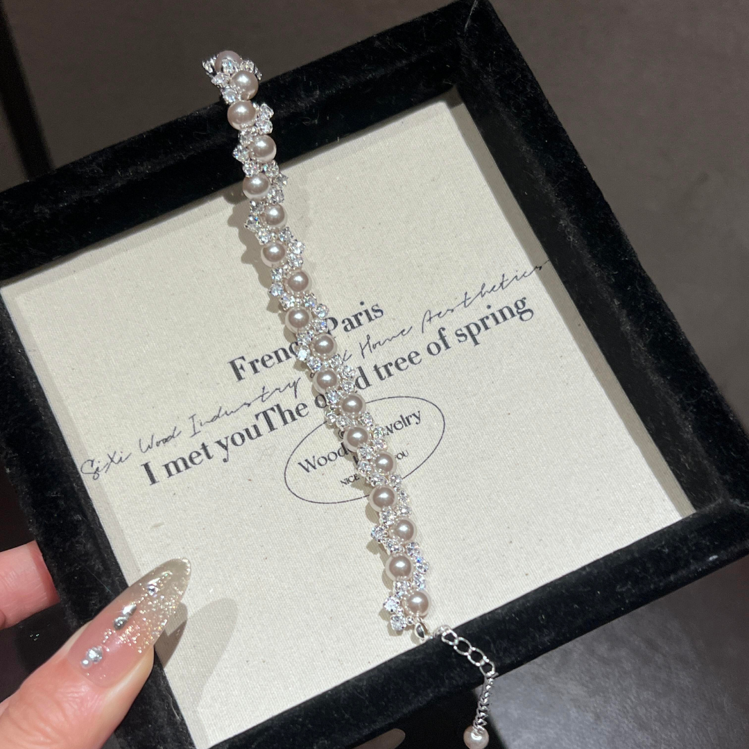 Handwoven French Tatting Pearl & Zircon Bracelet