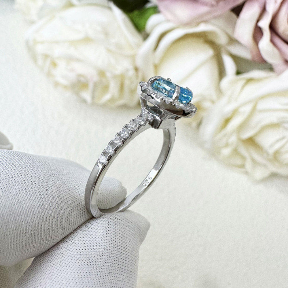 Aquamarine Silver Halo Serenity Healing Ring