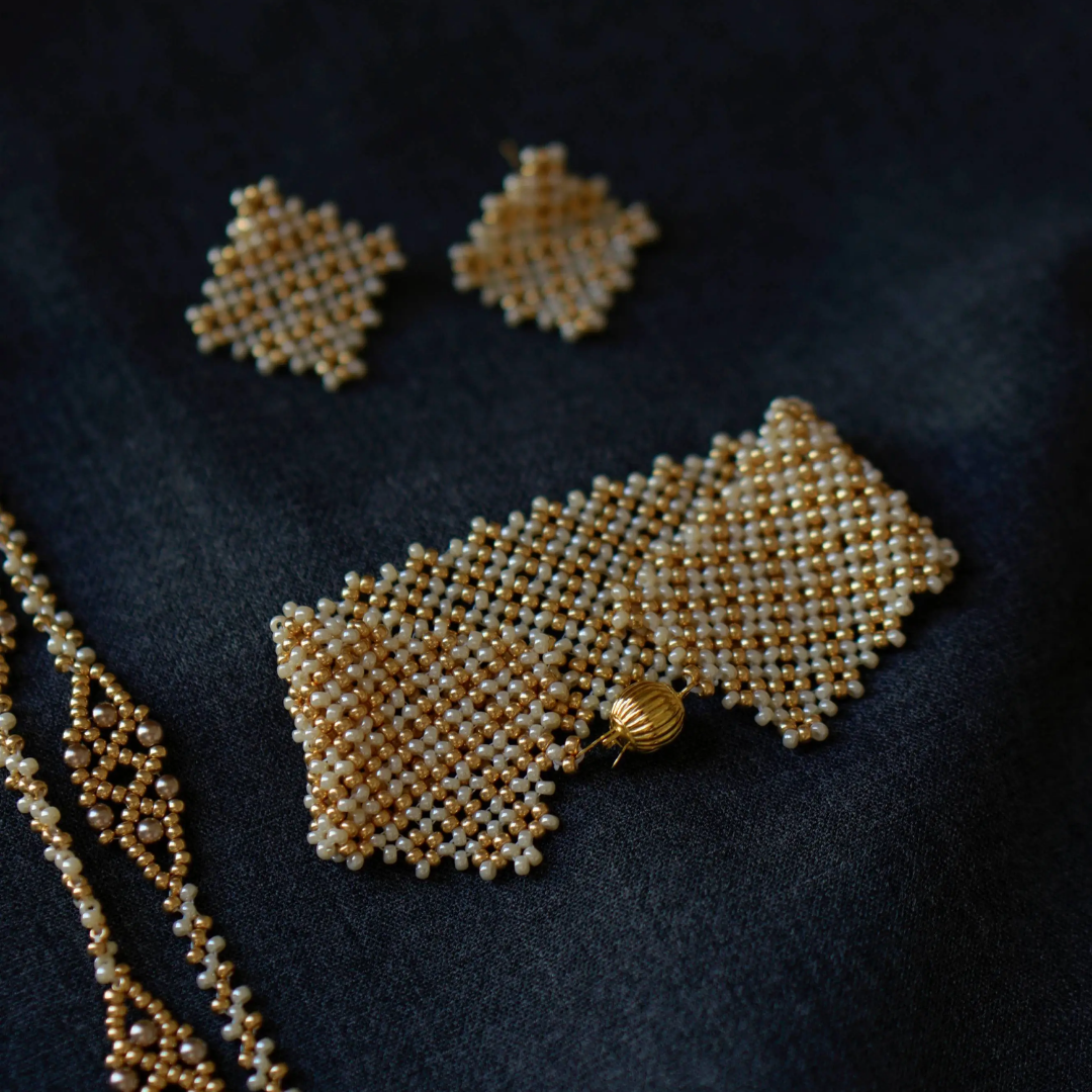 Handwoven  Champagne Gold Beaded Lace Pearl Bracelet / Necklace / Ring