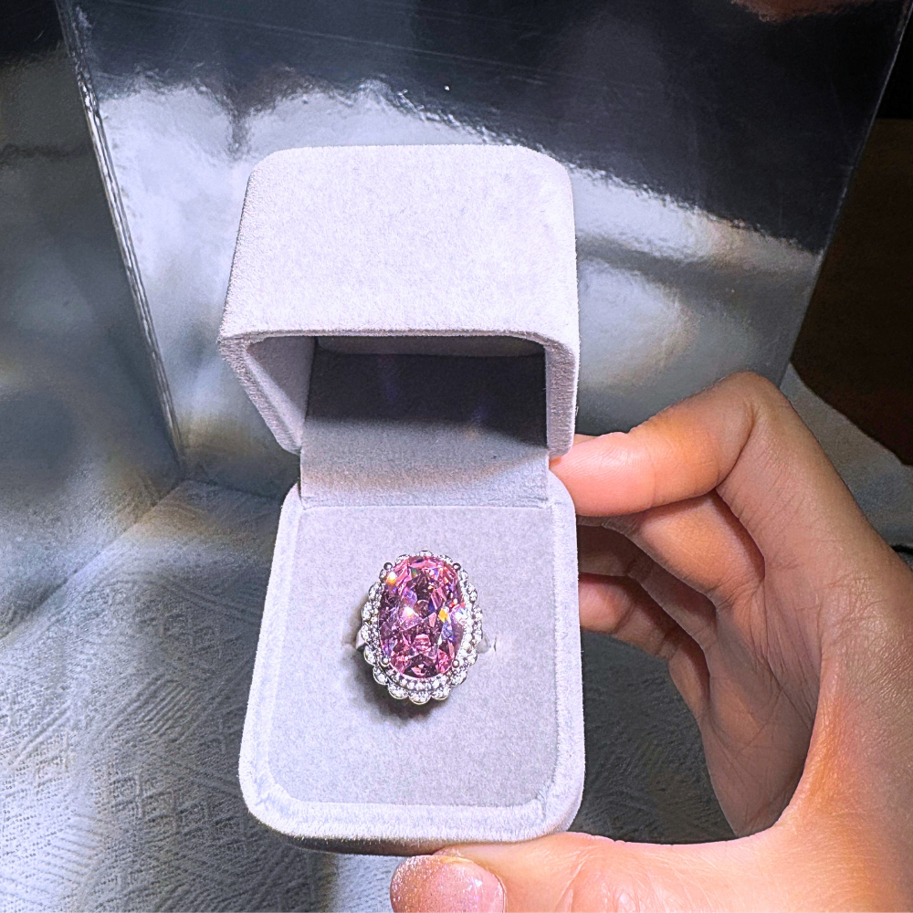 Pink Oval Halo Adjustable Plated Ring