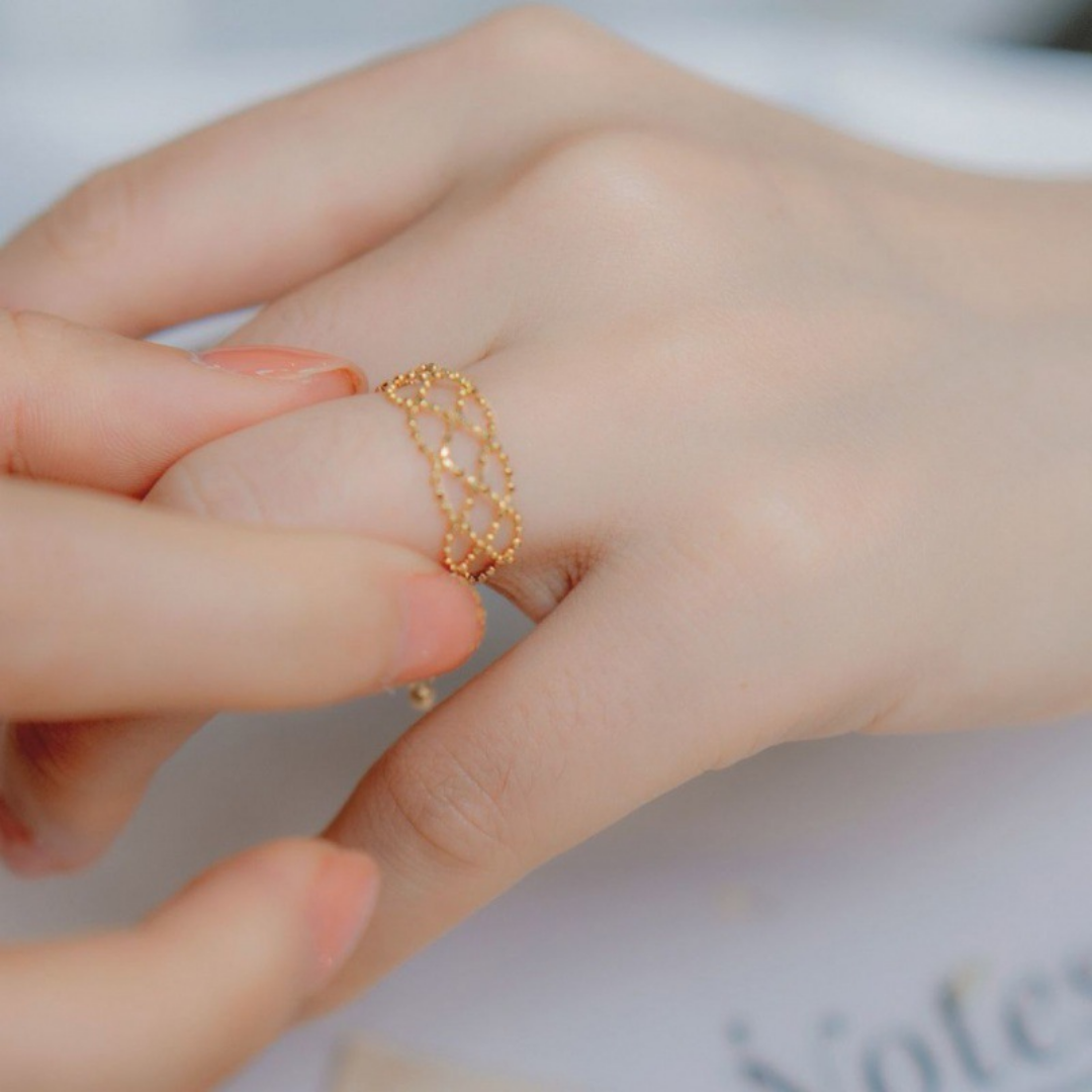 Gold Beaded Mesh Adjustable Minimalist Bracelet Ring Set