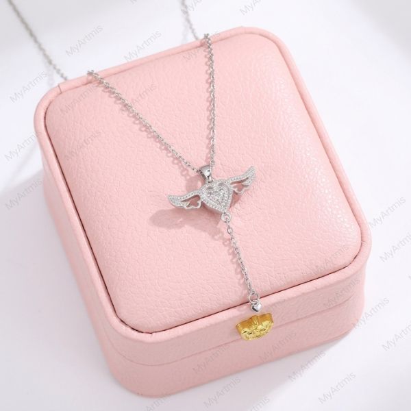 Sparkling Pink CZ Heart Angel Wings Necklace for Women, Y2K Coquette Aesthetic Tassel Pendant Jewelry Gift
