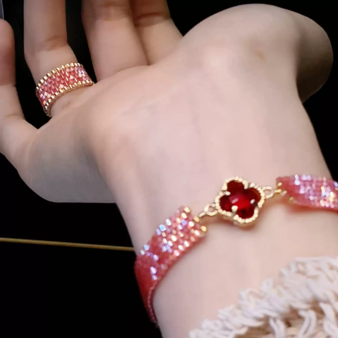 Handwoven Japanese Vintage Pink Beaded Clover Charm Bracelet