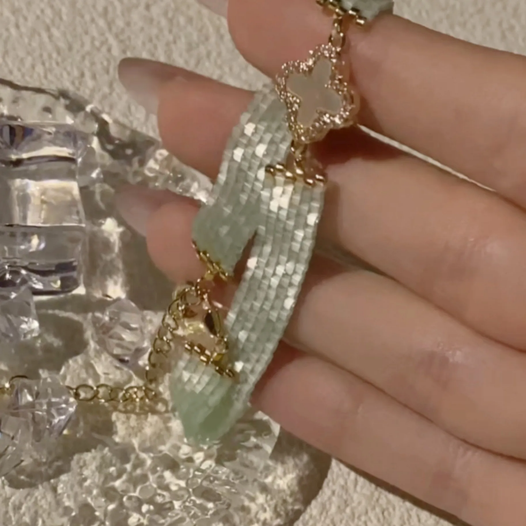 Handwoven Japanese Vintage Green Beaded Clover Bracelet