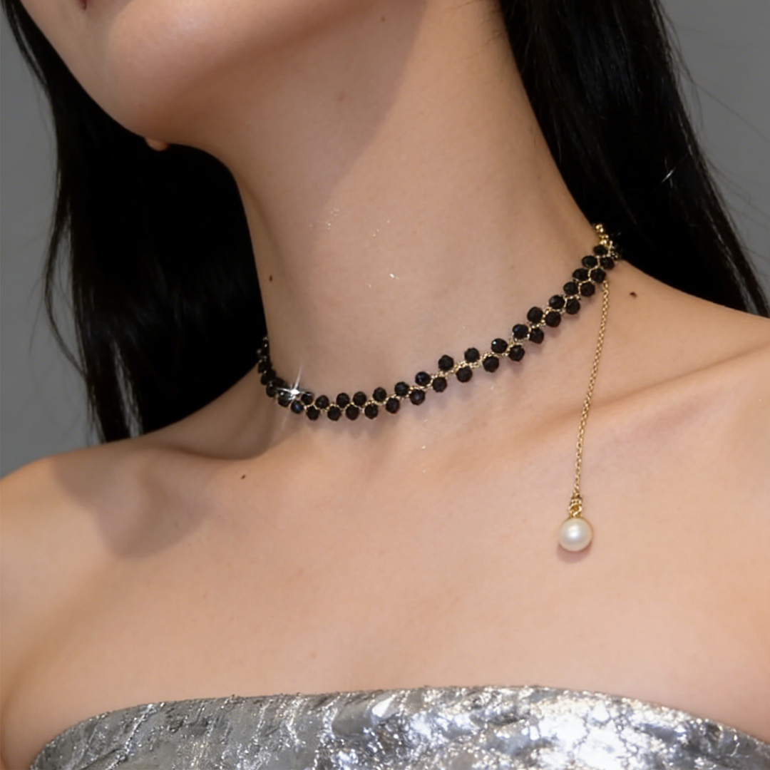 Black Obsidian Beaded Choker Minimalist Collarbone Necklace