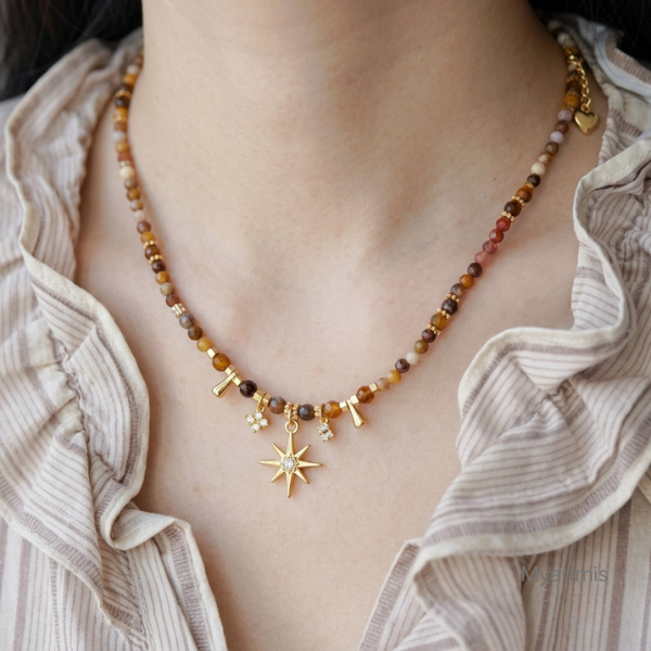 Natural Stone Layering Necklace  Tarnish-Free Star Charm Choker Vintage Maillard Style Layered Jewelry for Her