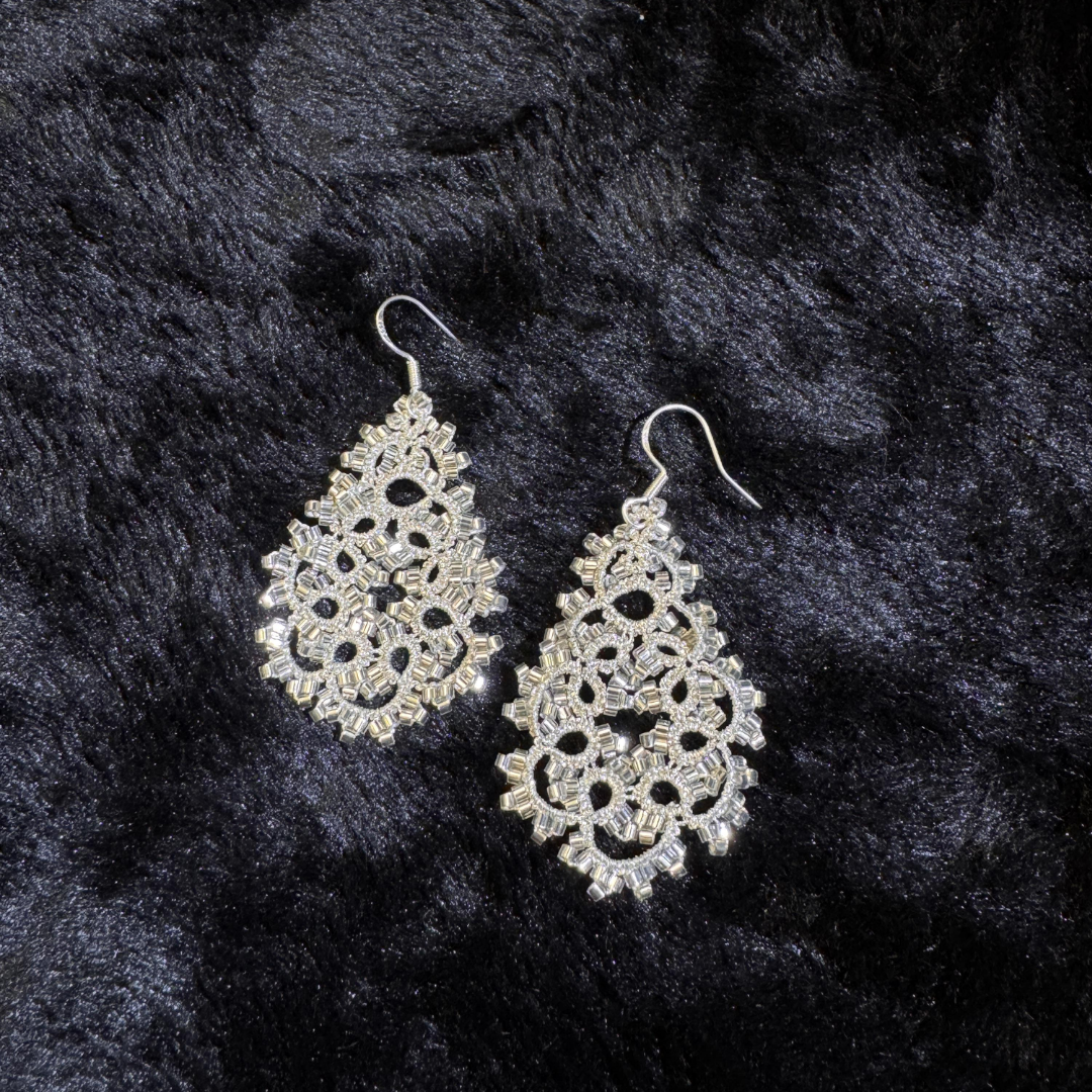 French Frivolite Lace Handwoven Beaded Earrings