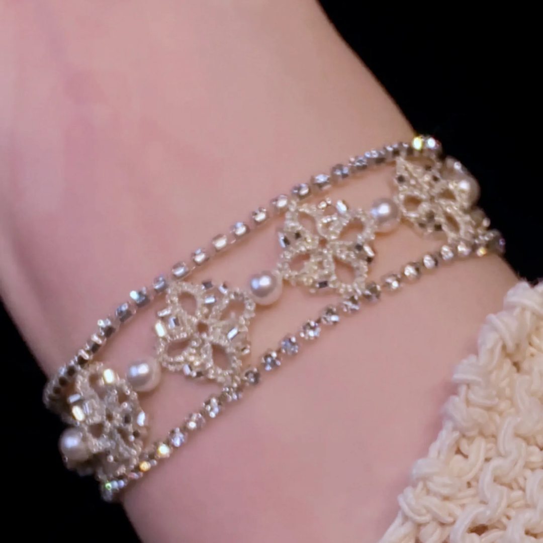 Hand Woven French Lace Pearl Crystal Beaded Floral Bracelet