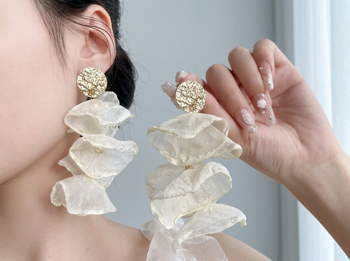 Handmade Chiffon Flower Petal Earrings, Long Floral Dangle Earrings, 925 Silver Post, Elegant Beach Vacation Jewelry Gift for Her