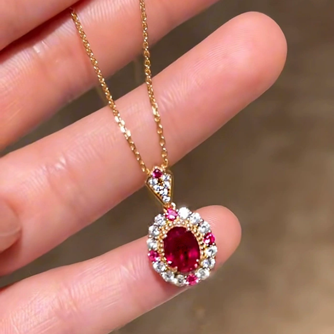 Vintage Roman Lab Ruby Halo Pendant Red Gemstone Necklace