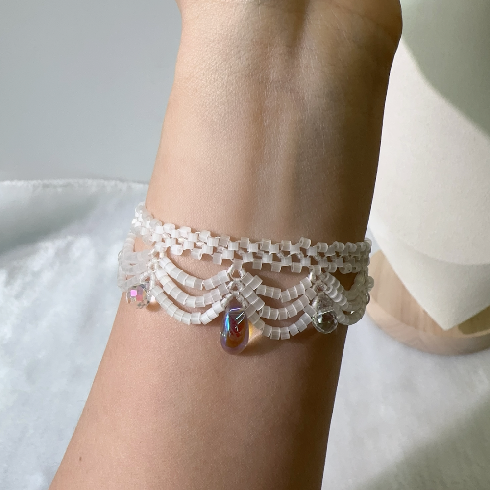 Handwoven White Opal Crystal Beaded Lace Necklace / Bracelet