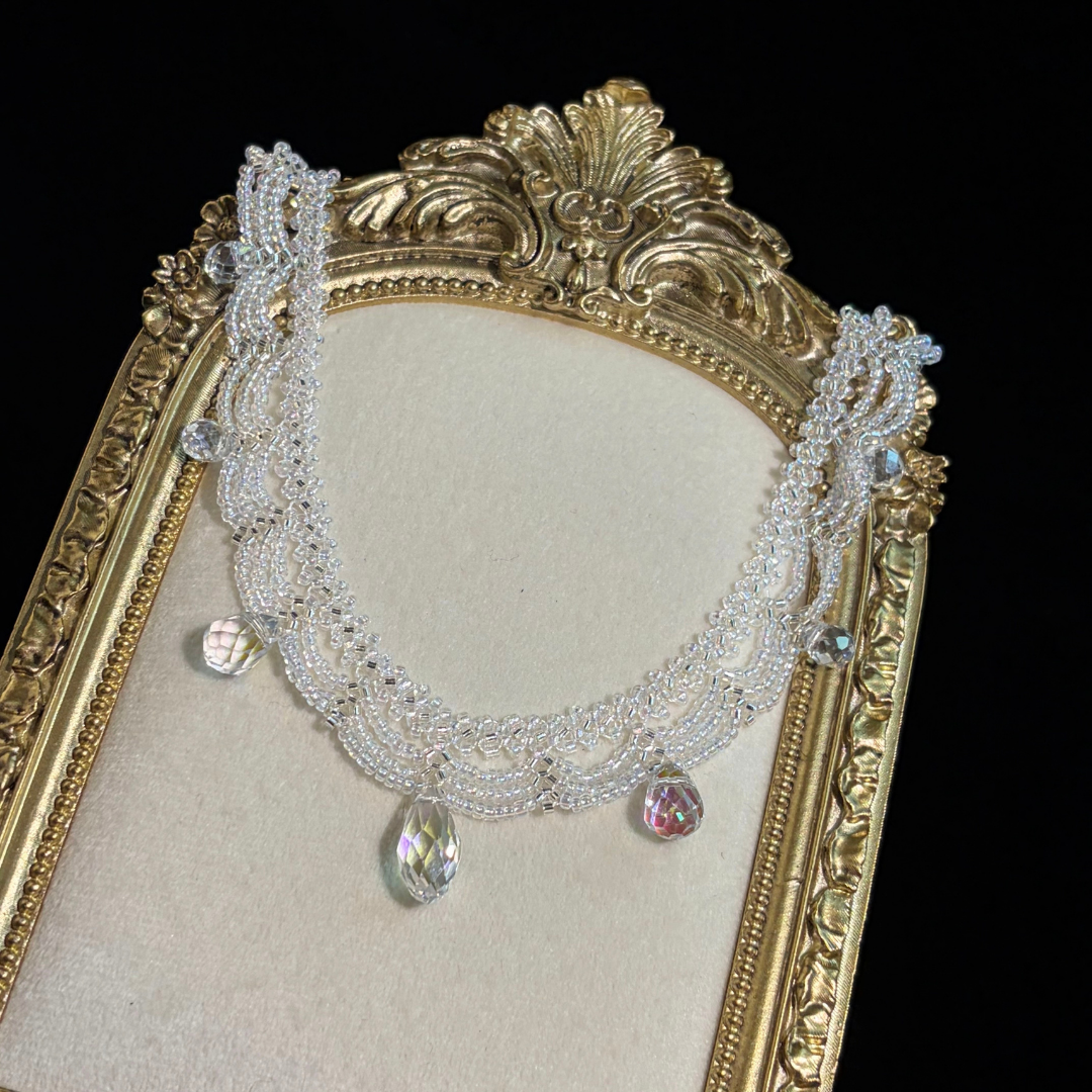 Handwoven Crystal Teardrop Pendant Iridescent Beaded Lace Statement Necklace / Bracelet