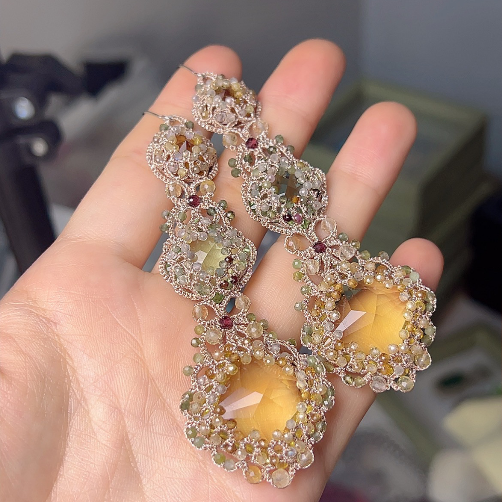 Handwoven Beaded Long Drop Multicolor Crystal Statement Earrings