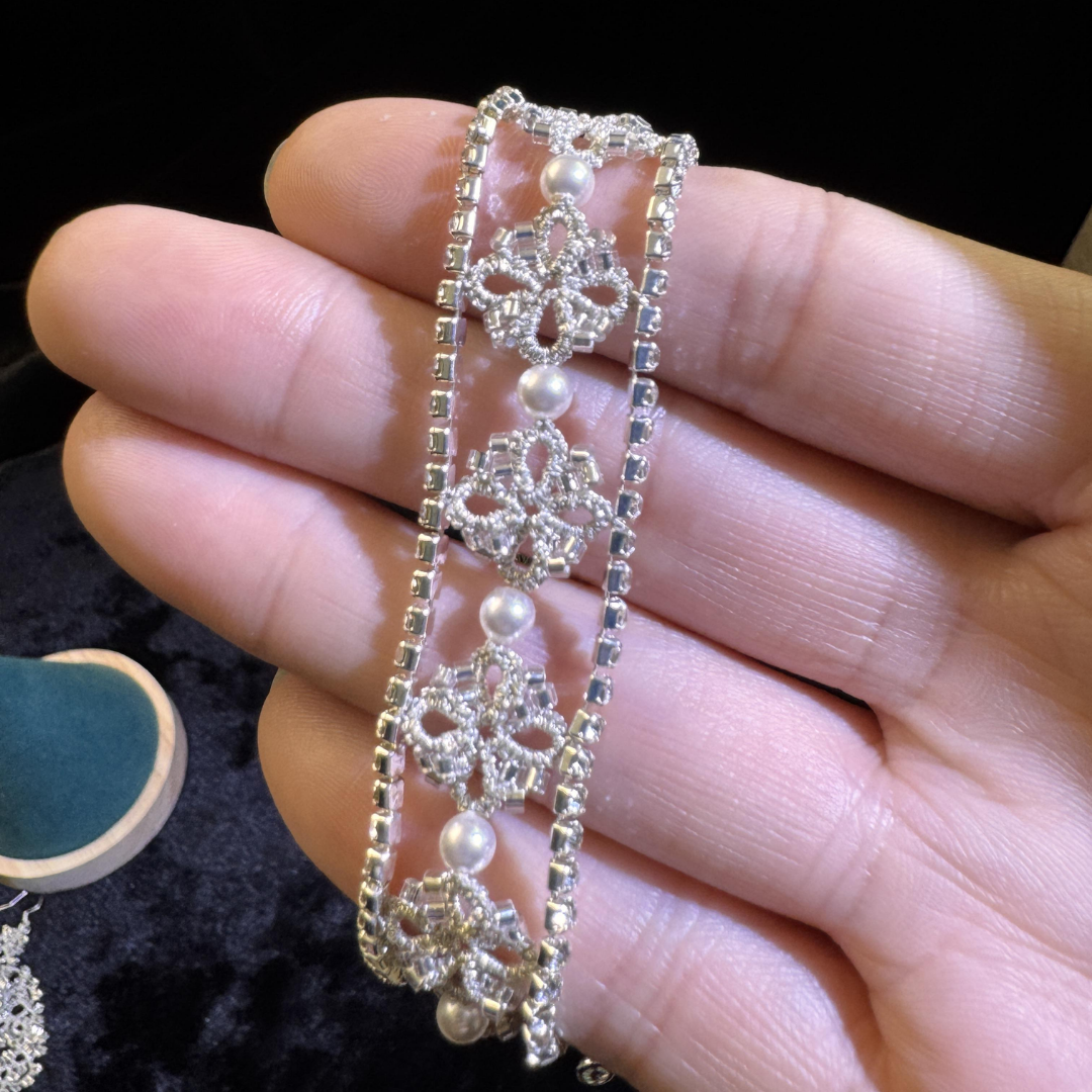 French Frivolite Pearl Zircon Lace Handwoven Bracelet