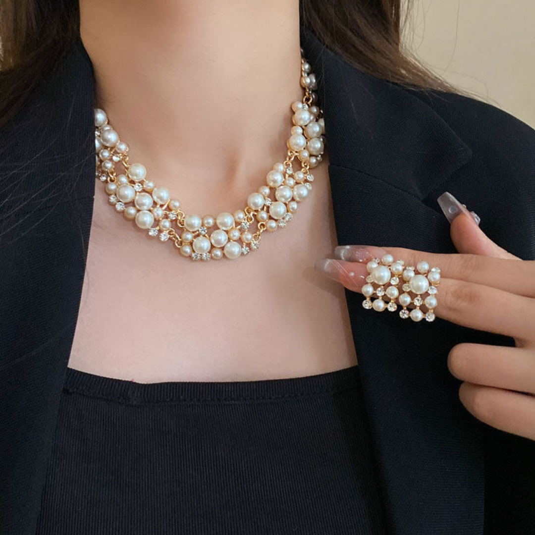 Handwoven French Pearl Statement Layered Gold Beaded Collar Necklace