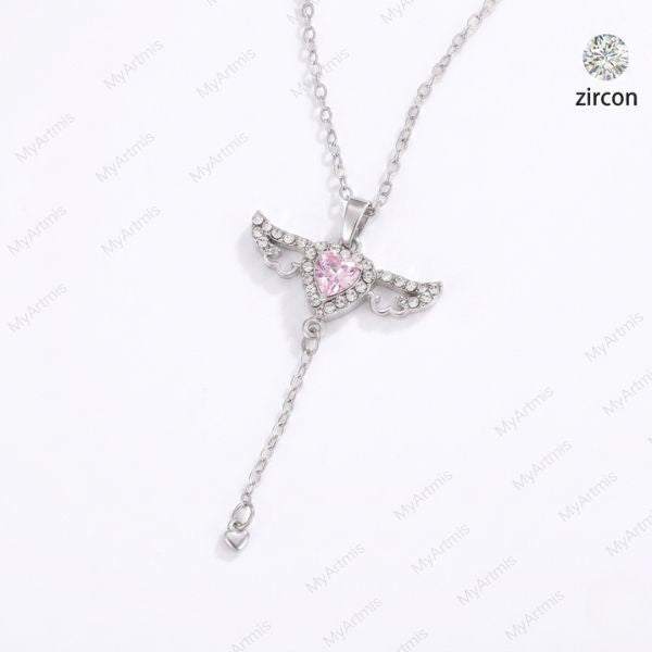 Sparkling Pink CZ Heart Angel Wings Necklace for Women, Y2K Coquette Aesthetic Tassel Pendant Jewelry Gift