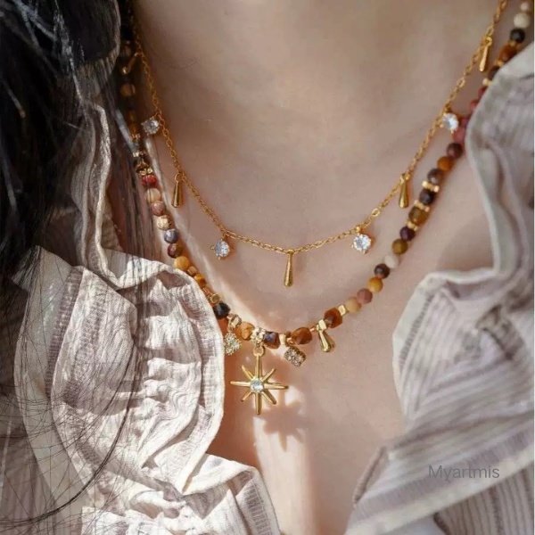 Natural Stone Layering Necklace  Tarnish-Free Star Charm Choker Vintage Maillard Style Layered Jewelry for Her