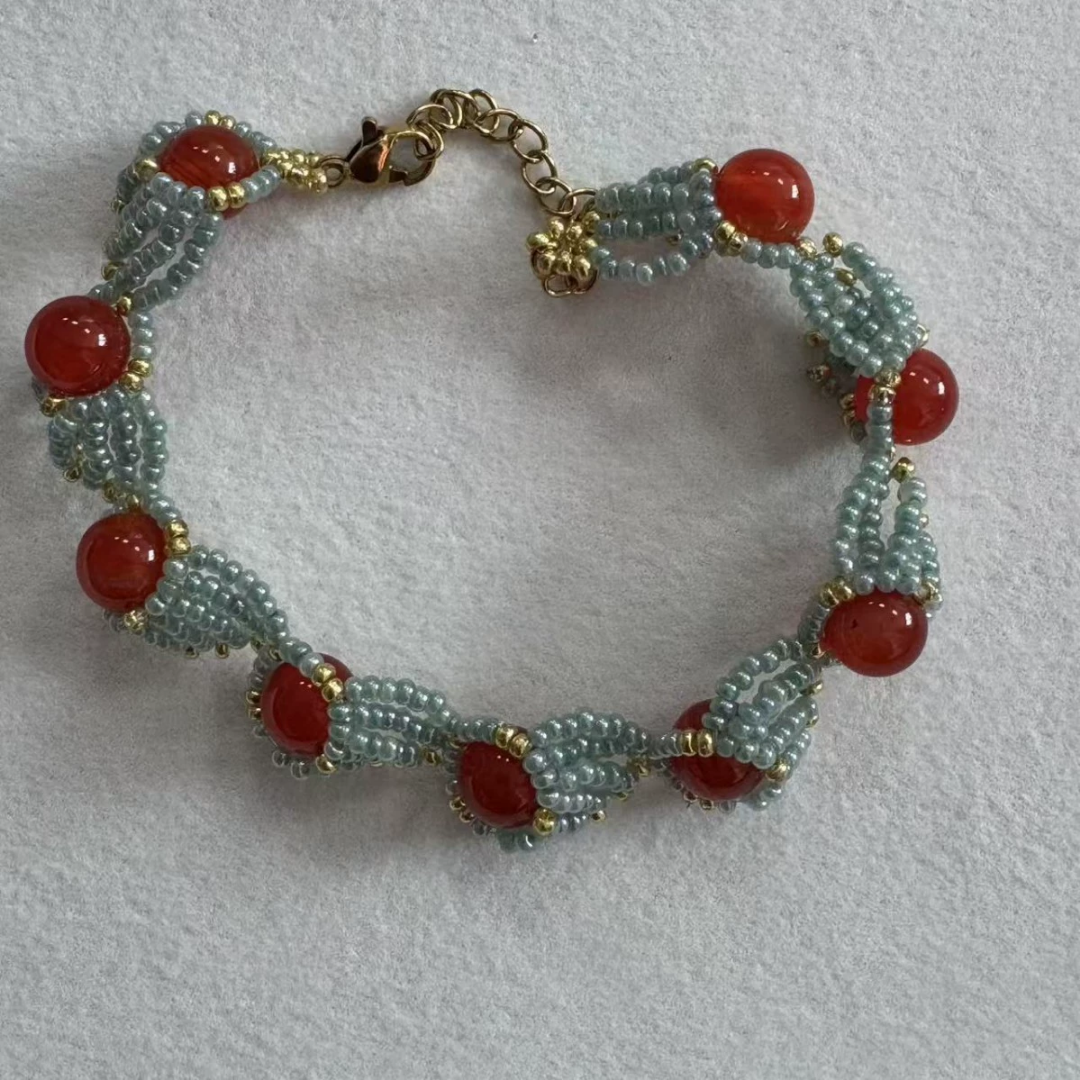 Handwoven Red Agate Lace Vintage Multi Layer Statement Necklace / Bracelet