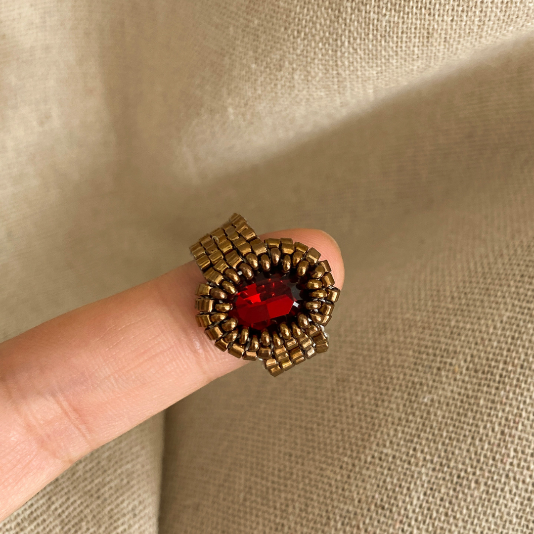 Handwoven Beaded Red Crystal Statement Ring Vintage Adjustable Ring
