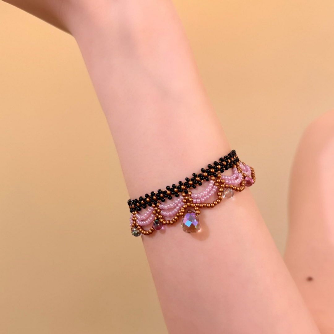 Handwoven French Beaded Lace Choker Vintage Layered Necklace / Bracelet