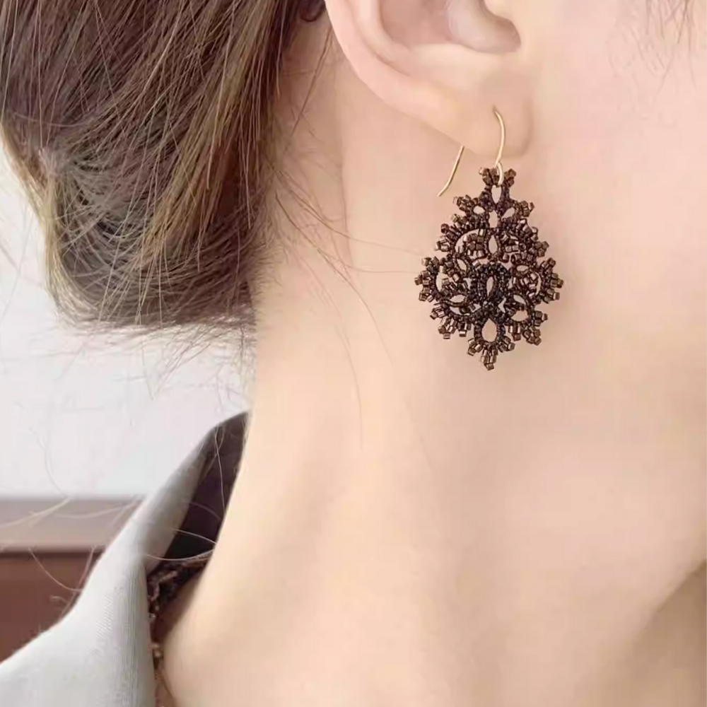 Handwoven Bronze Beaded Filigree Drop Earrings